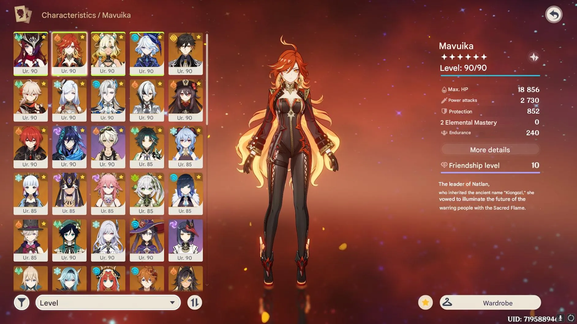 GI947 Mavuika C1, Chaska C1, Furina, Neuvillette, Harlequin, Hu Tao C1, Kazuha C1, Shenhe, Ayaka, Nahida, Yelan, Venti, Skirk (G)